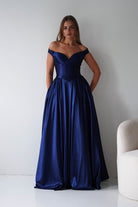 Oh Hello Clothing Dresses > Prom Dresses Irenia Off The Shoulder Structured Maxi Gown | Navy