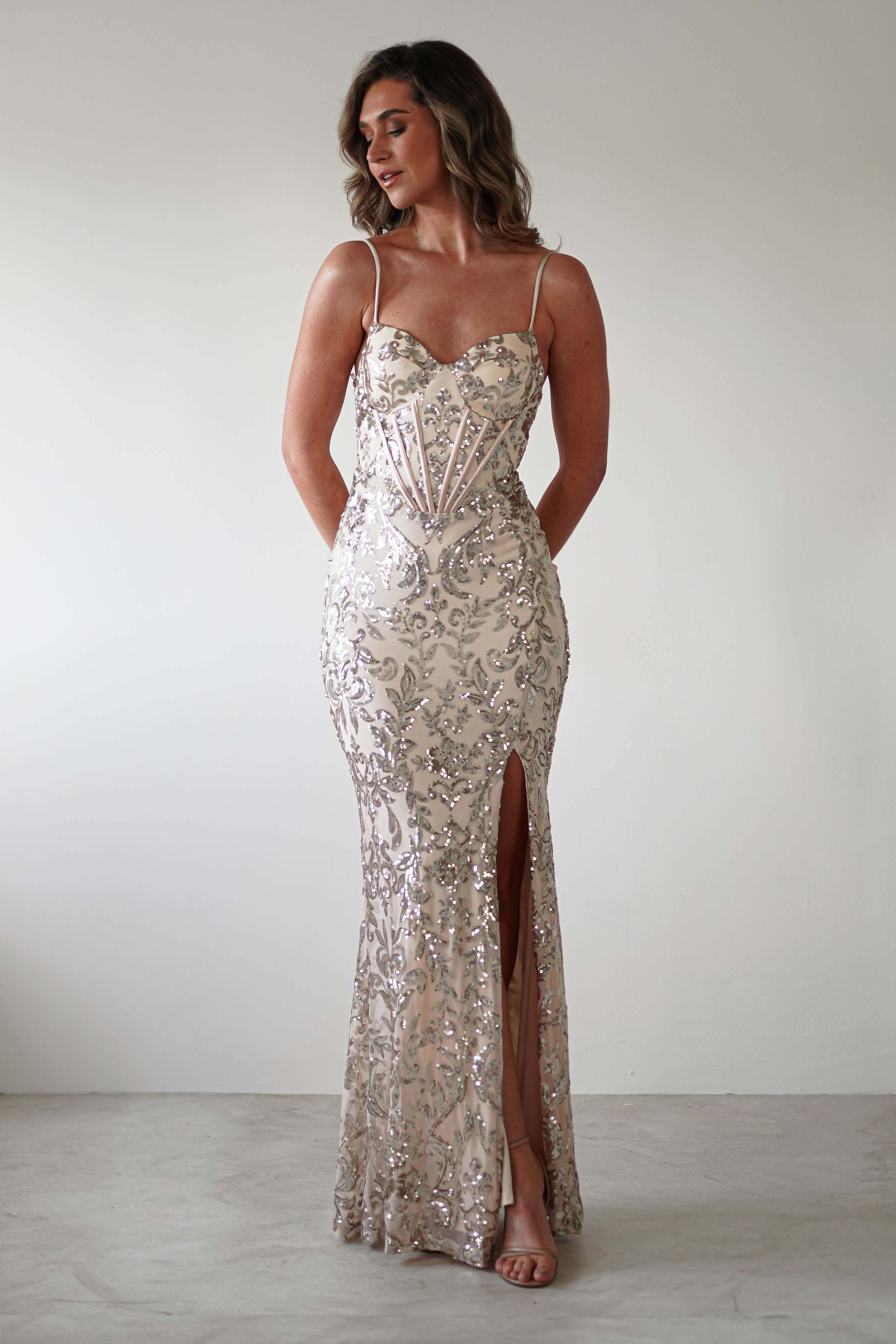 Isabel Sequin Corset Gown | Champagne Gold | Debs & Prom | Formal Gown | Oh Hello Clothing