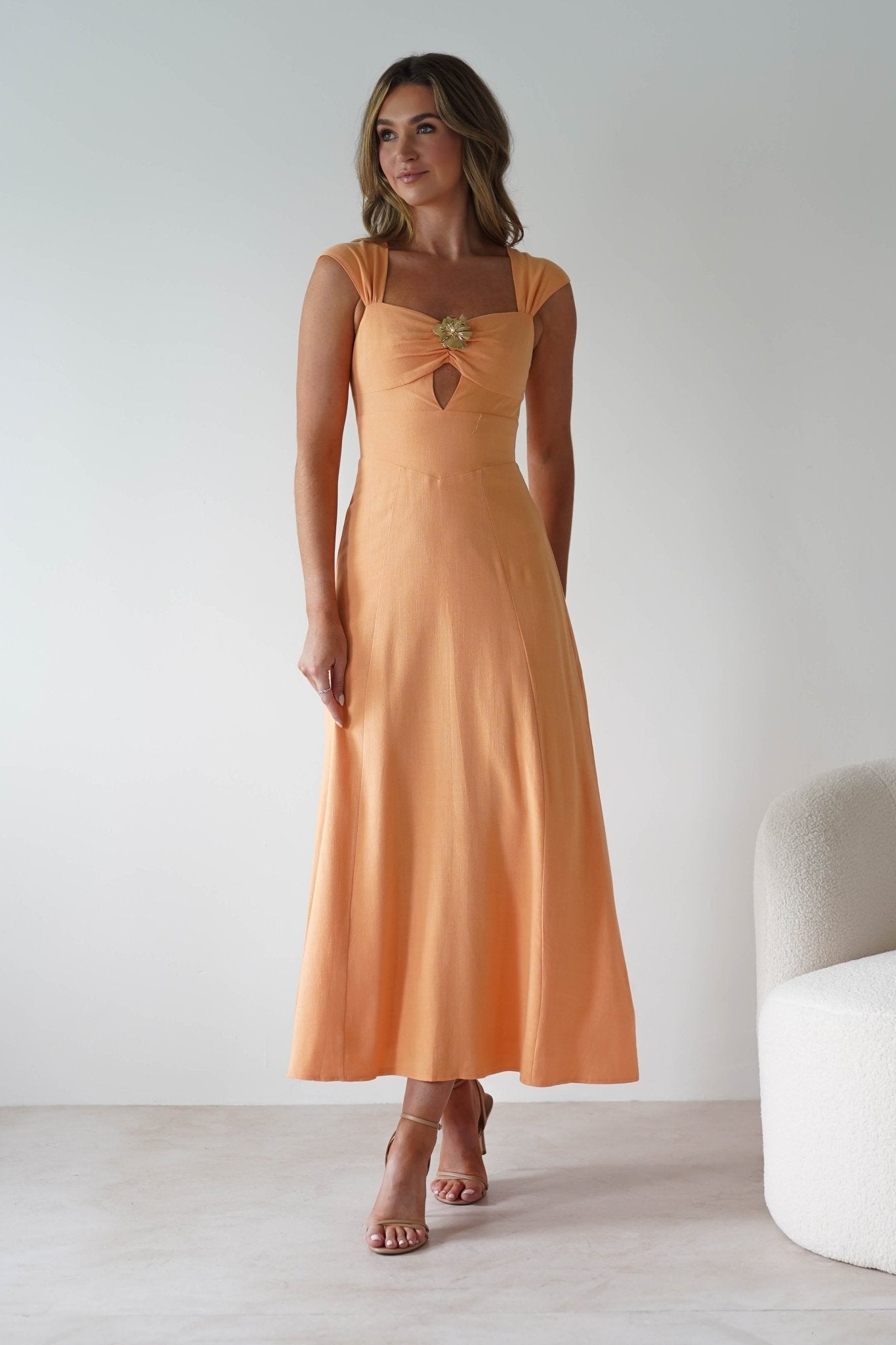 Isadora Linen Skater Maxi Dress Orange | Wedding Guest Dress | Maxi | Skater | Oh Hello Clothing