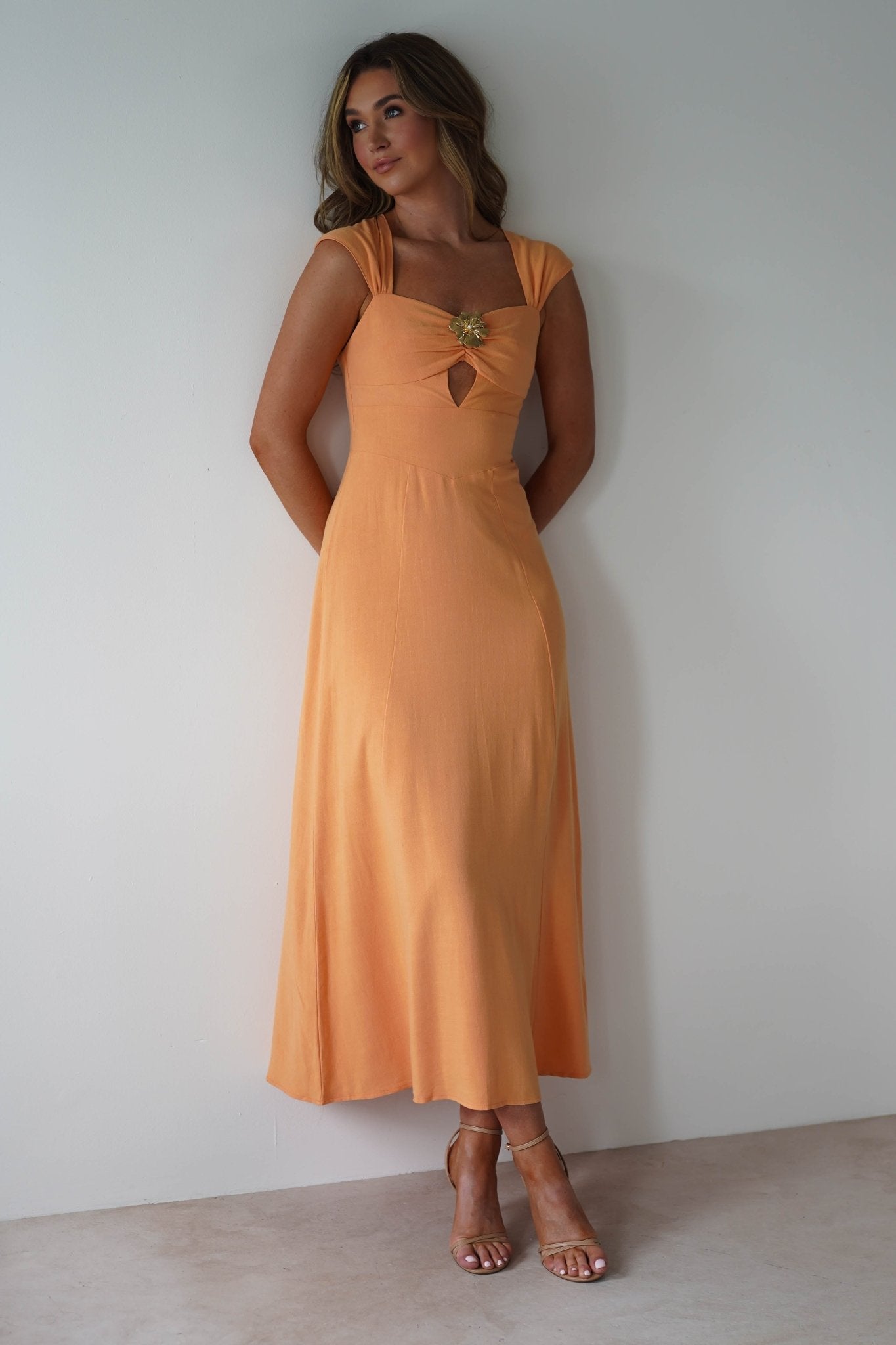 Isadora Linen Skater Maxi Dress Orange | Wedding Guest Dress | Maxi | Skater | Oh Hello Clothing