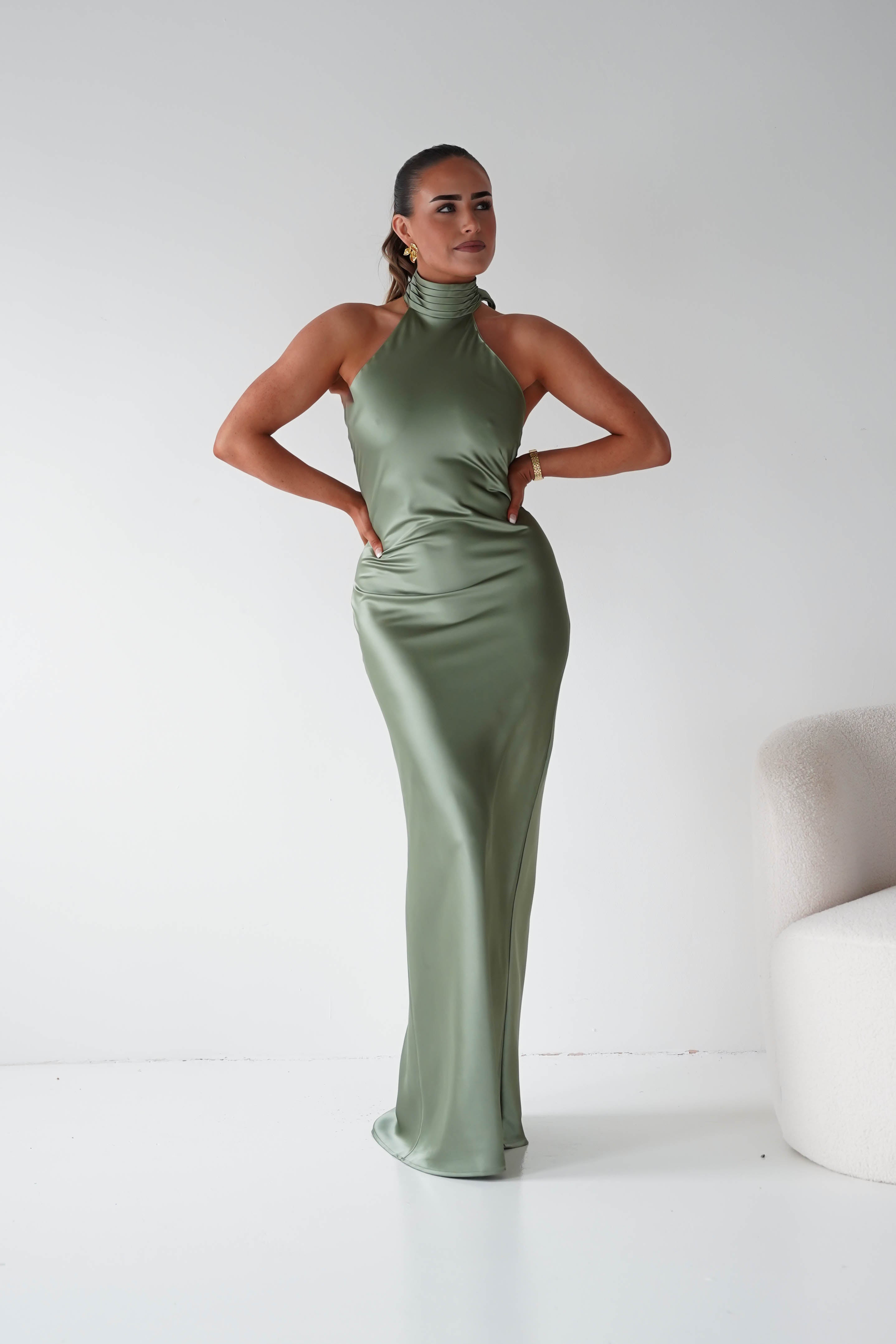 Oh Hello Clothing Women > Clothing > Dresses Isla Halterneck Maxi Slip Dress | Olive