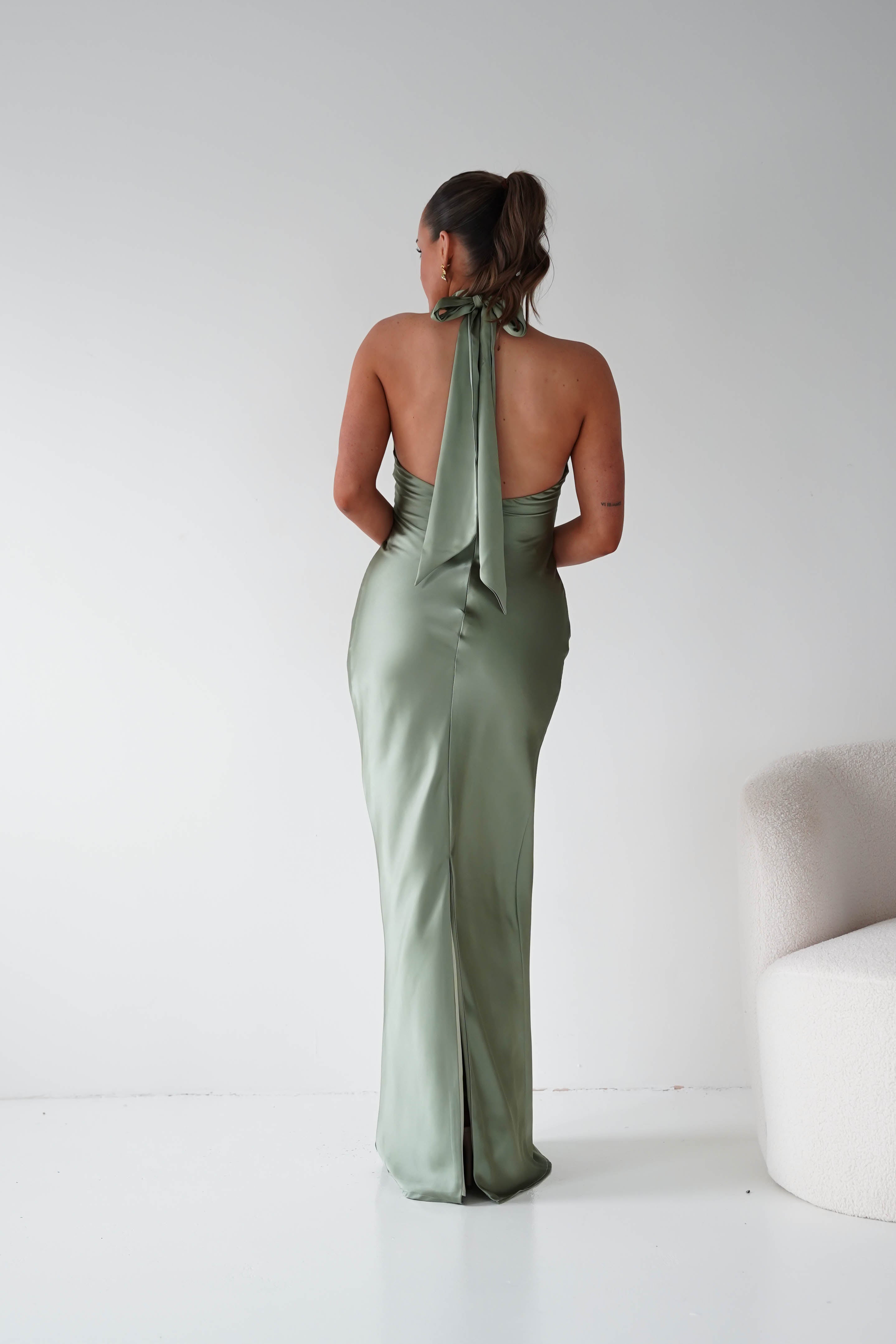 Oh Hello Clothing Women > Clothing > Dresses Isla Halterneck Maxi Slip Dress | Olive