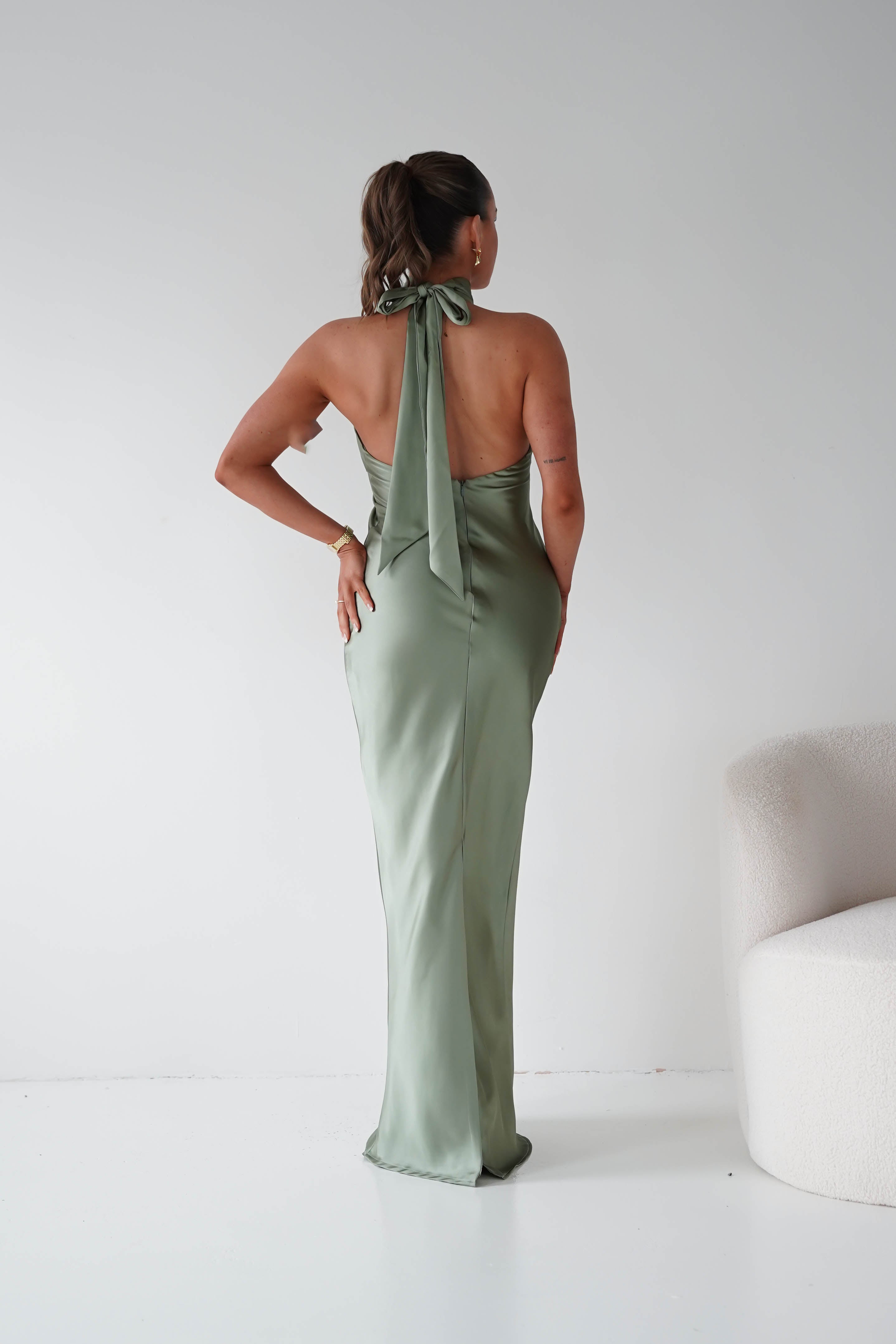 Oh Hello Clothing Women > Clothing > Dresses Isla Halterneck Maxi Slip Dress | Olive