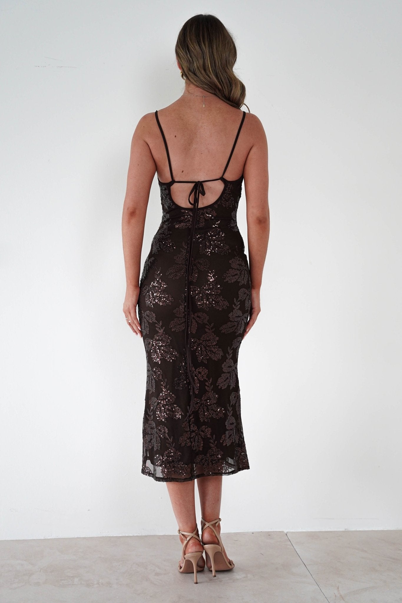 Jayna Sequin Floral Cowl Neck Midi Dress Brown | Wedding Guest Dress | Cowl Neck | Midi | Oh Hello Clothing