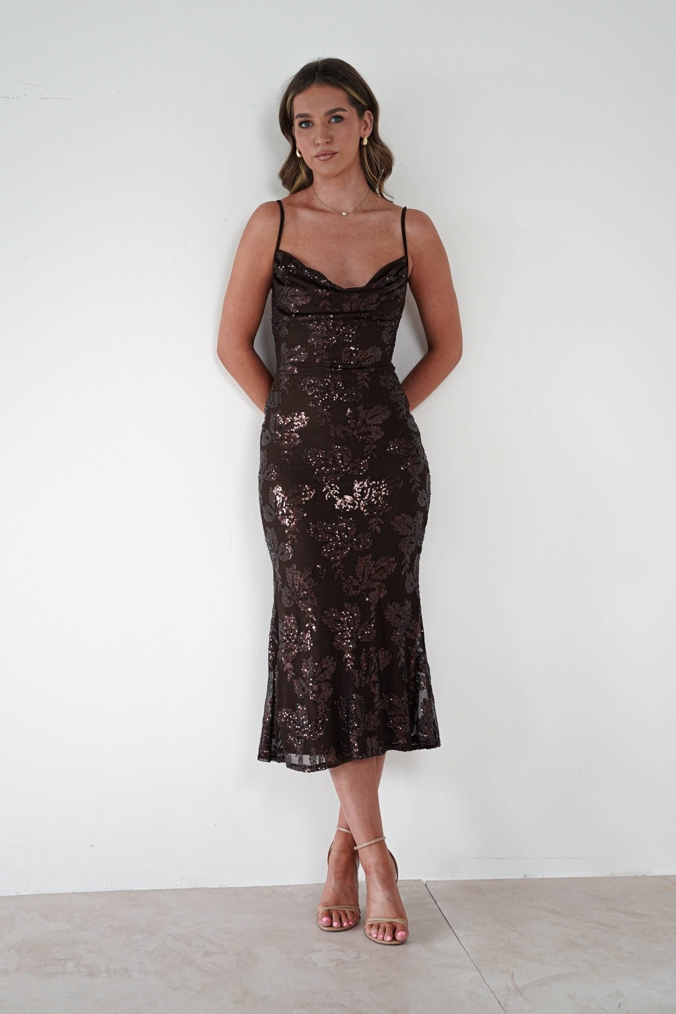 Jayna Sequin Floral Cowl Neck Midi Dress Brown | Wedding Guest Dress | Cowl Neck | Midi | Oh Hello Clothing