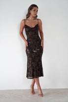 Jayna Sequin Floral Cowl Neck Midi Dress Brown | Wedding Guest Dress | Cowl Neck | Midi | Oh Hello Clothing
