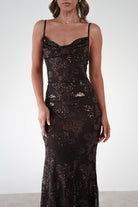 Jayna Sequin Floral Cowl Neck Midi Dress Brown | Wedding Guest Dress | Cowl Neck | Midi | Oh Hello Clothing