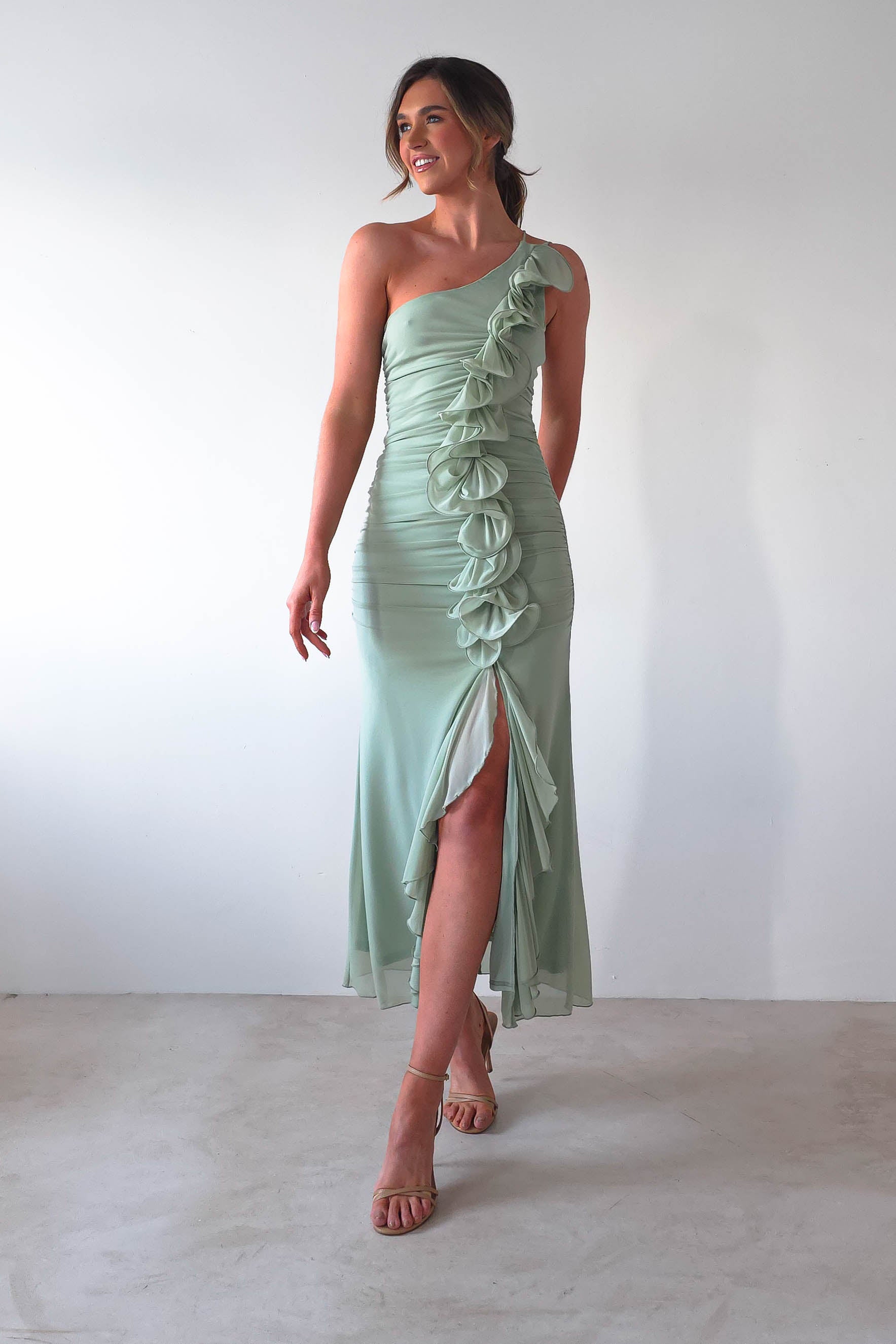 Jenkins Ruffle Midaxi Dress Sage | Wedding Guest Dress | Oh Hello Clothing