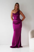 Oh Hello Clothing Dresses > Prom Dresses Jessel Satin One Shoulder Draped Maxi Gown | Berry