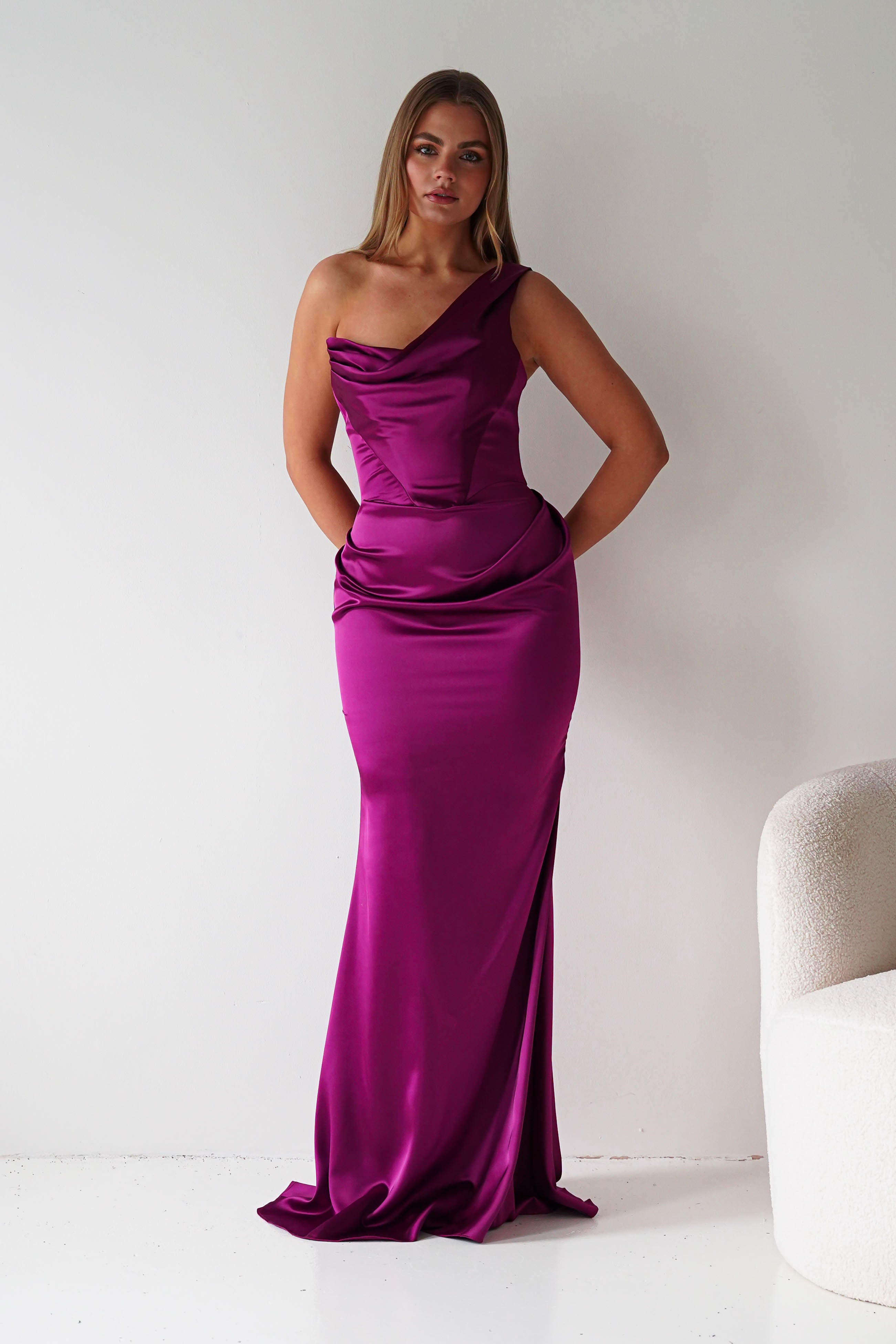 Oh Hello Clothing Dresses > Prom Dresses Jessel Satin One Shoulder Draped Maxi Gown | Berry