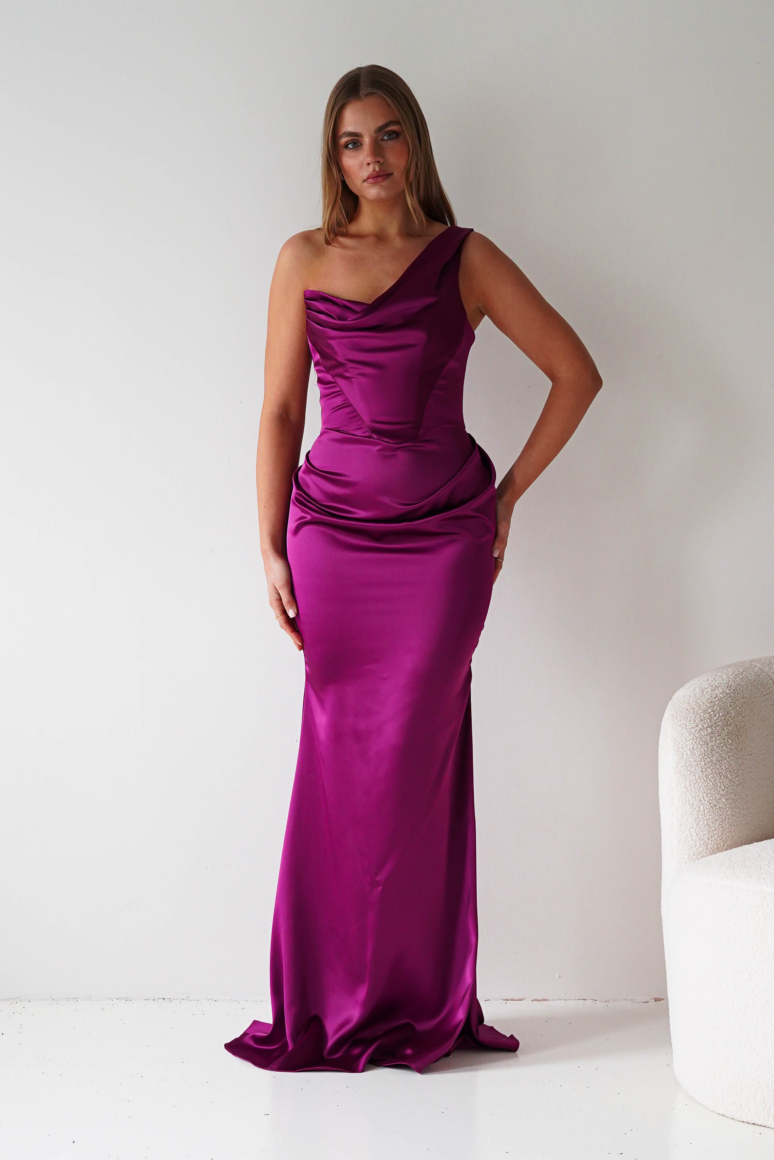 Oh Hello Clothing Dresses > Prom Dresses Jessel Satin One Shoulder Draped Maxi Gown | Berry
