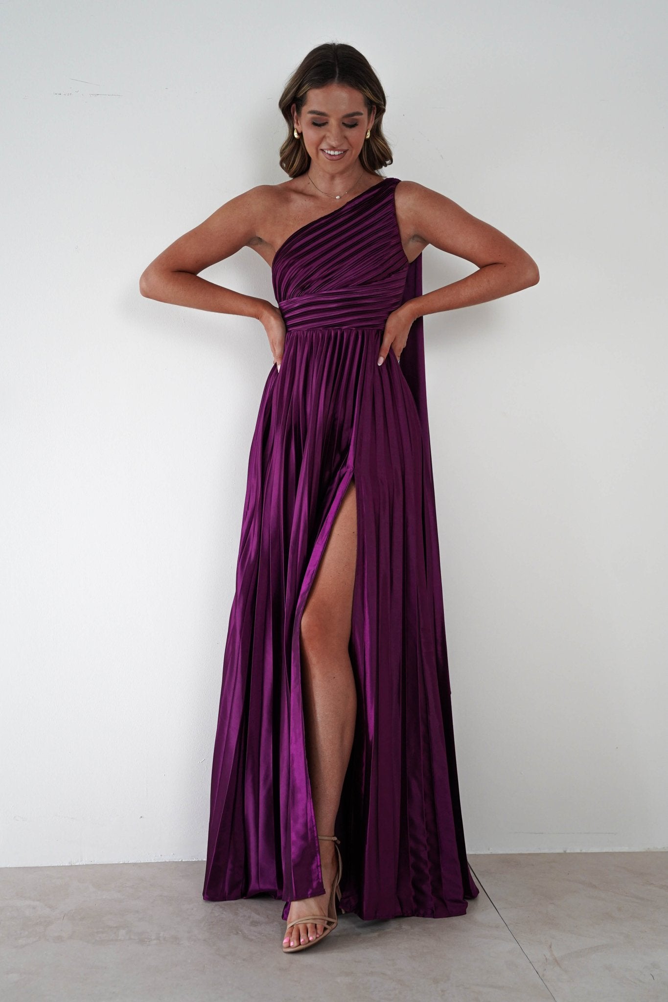 Jianna Peated Maxi Dress Plum | Wedding Guest Dress | Maxi | Oh Hello Clothing