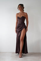 Julianne High Slit Corset Satin Gown | Brown | Debs & Prom | Formal Gown | Oh Hello Clothing