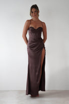 Julianne High Slit Corset Satin Gown | Brown | Debs & Prom | Formal Gown | Oh Hello Clothing