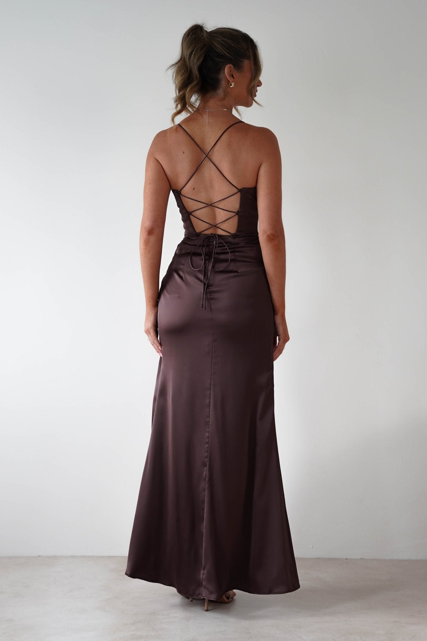 Julianne High Slit Corset Satin Gown | Brown | Debs & Prom | Formal Gown | Oh Hello Clothing