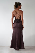 Julianne High Slit Corset Satin Gown | Brown | Debs & Prom | Formal Gown | Oh Hello Clothing
