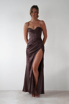 Julianne High Slit Corset Satin Gown | Brown | Debs & Prom | Formal Gown | Oh Hello Clothing