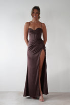 Julianne High Slit Corset Satin Gown | Brown | Debs & Prom | Formal Gown | Oh Hello Clothing