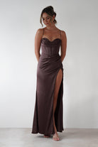 Julianne High Slit Corset Satin Gown | Brown | Debs & Prom | Formal Gown | Oh Hello Clothing