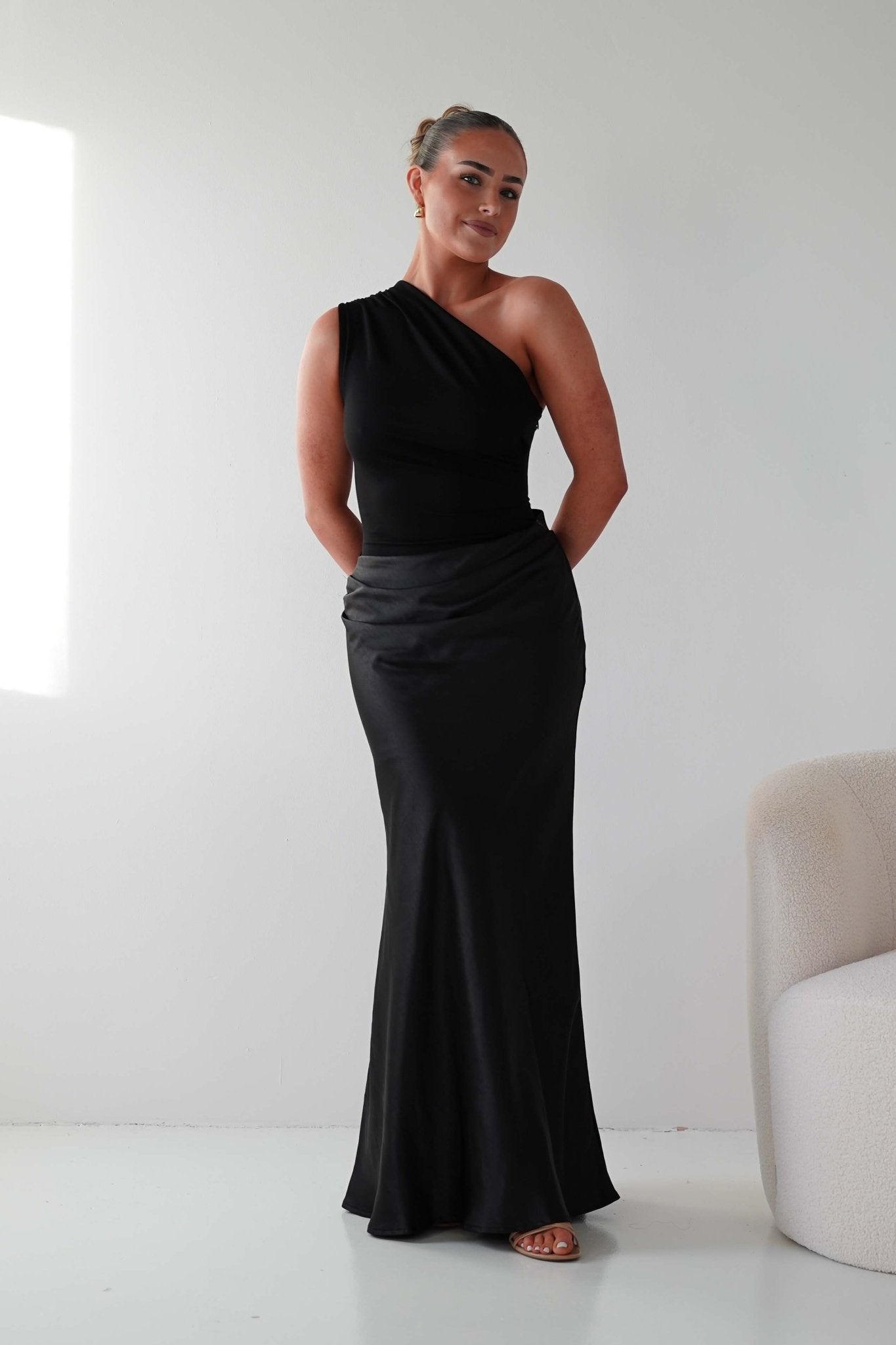 Oh Hello Clothing Wedding Guest Dresses Kashia Draped Satin Maxi Dress | Black