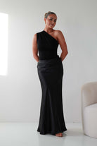 Oh Hello Clothing Wedding Guest Dresses Kashia Draped Satin Maxi Dress | Black