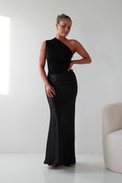 Oh Hello Clothing Wedding Guest Dresses Kashia Draped Satin Maxi Dress | Black