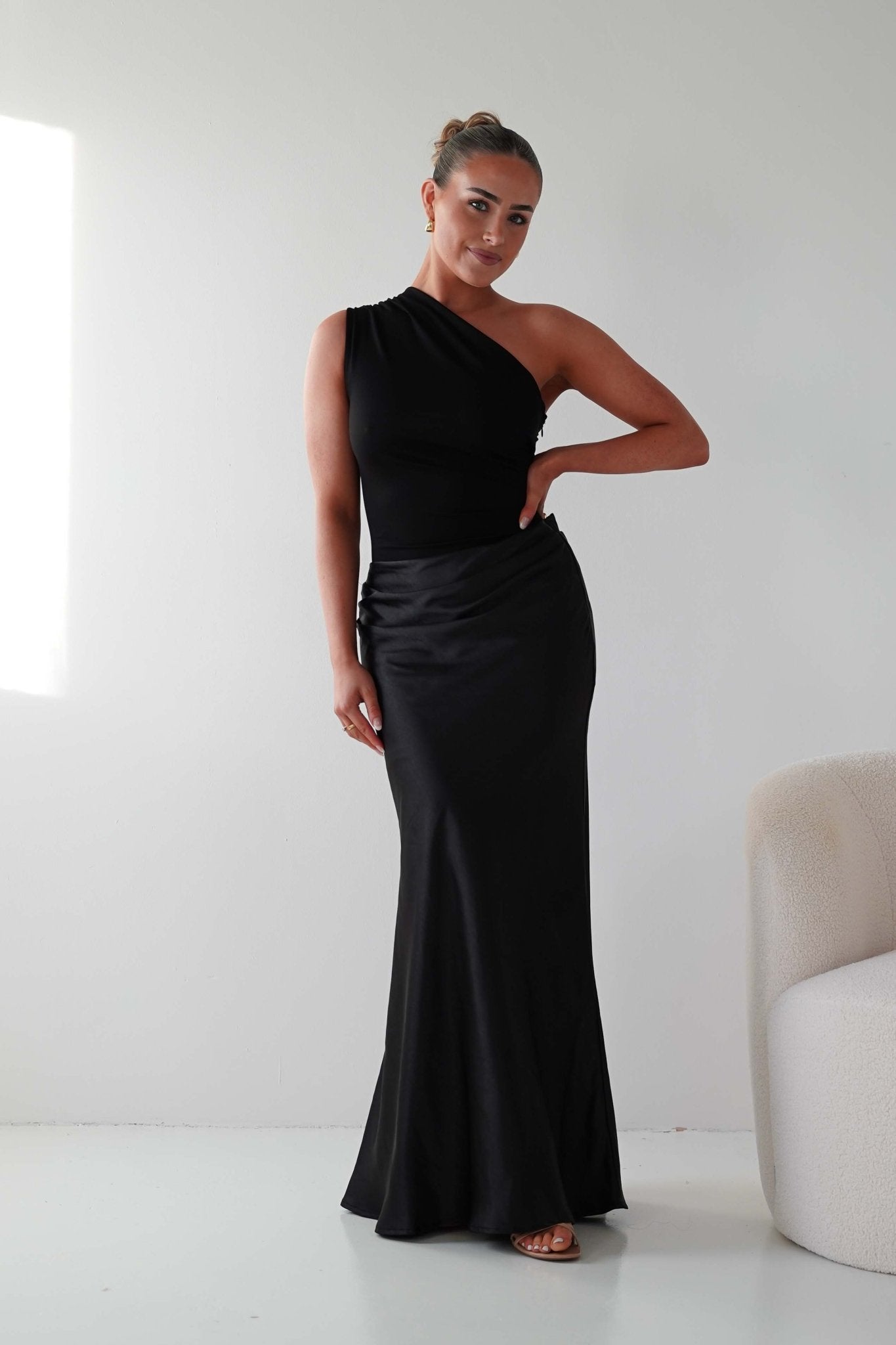 Oh Hello Clothing Wedding Guest Dresses Kashia Draped Satin Maxi Dress | Black