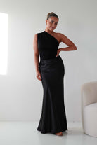 Oh Hello Clothing Wedding Guest Dresses Kashia Draped Satin Maxi Dress | Black
