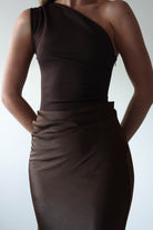 Kashia Draped Satin Maxi Dress Brown | Black Tie Evening Dress | Draped Skirt | Maxi | Oh Hello Clothing