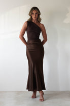 Kashia Draped Satin Maxi Dress Brown | Black Tie Evening Dress | Draped Skirt | Maxi | Oh Hello Clothing