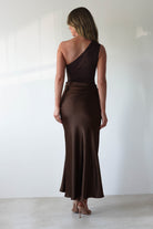 Kashia Draped Satin Maxi Dress Brown | Black Tie Evening Dress | Draped Skirt | Maxi | Oh Hello Clothing