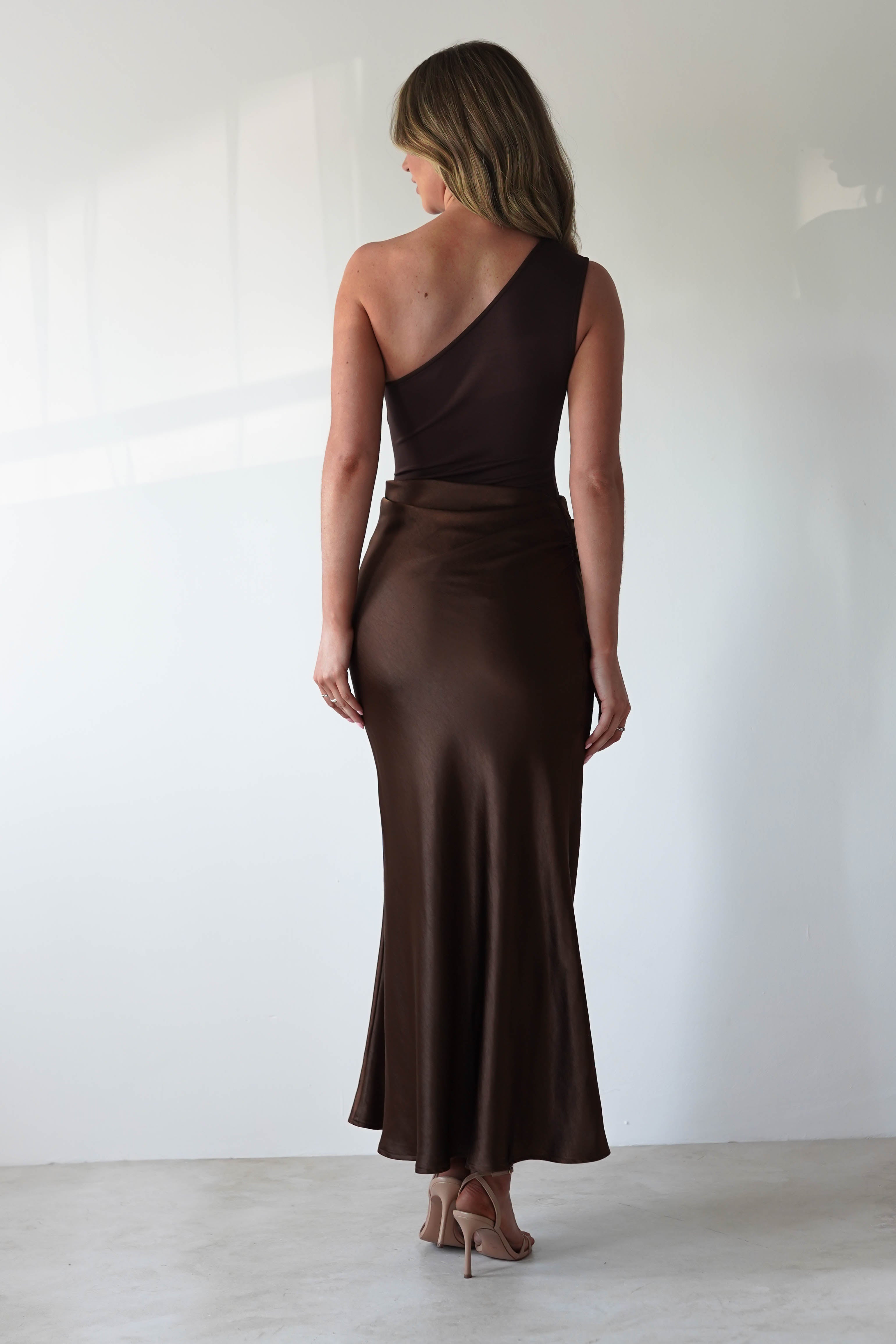 Kashia Draped Satin Maxi Dress Brown | Black Tie Evening Dress | Draped Skirt | Maxi | Oh Hello Clothing