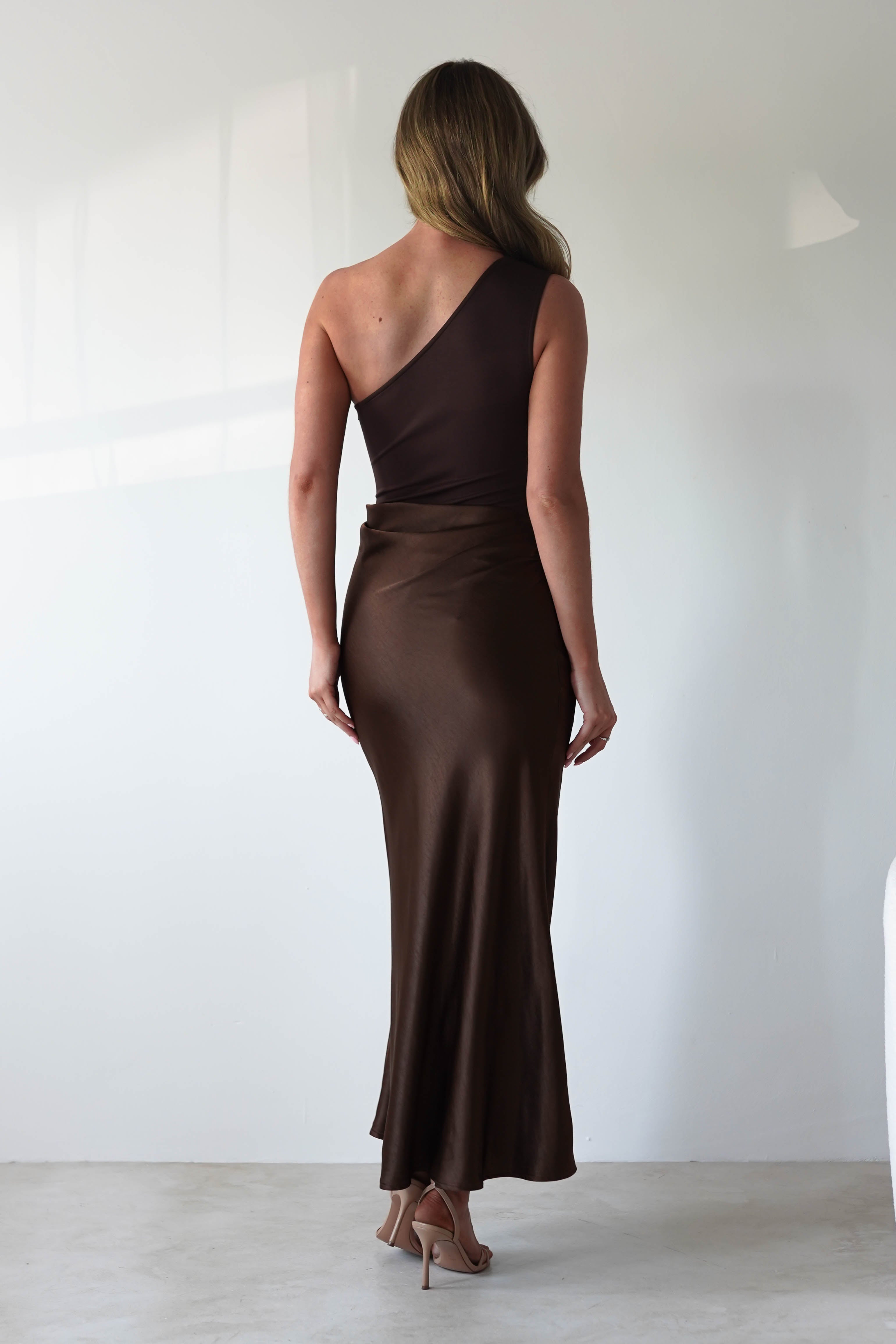 Kashia Draped Satin Maxi Dress Brown | Black Tie Evening Dress | Draped Skirt | Maxi | Oh Hello Clothing