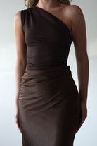 Kashia Draped Satin Maxi Dress Brown | Black Tie Evening Dress | Draped Skirt | Maxi | Oh Hello Clothing