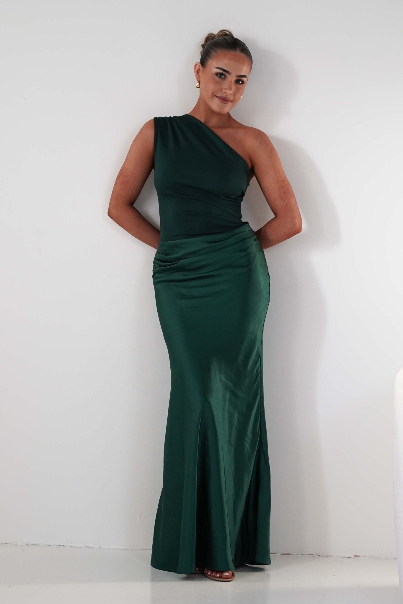 Oh Hello Clothing Wedding Guest Dresses Kashia Draped Satin Maxi Dress | Emerald Green