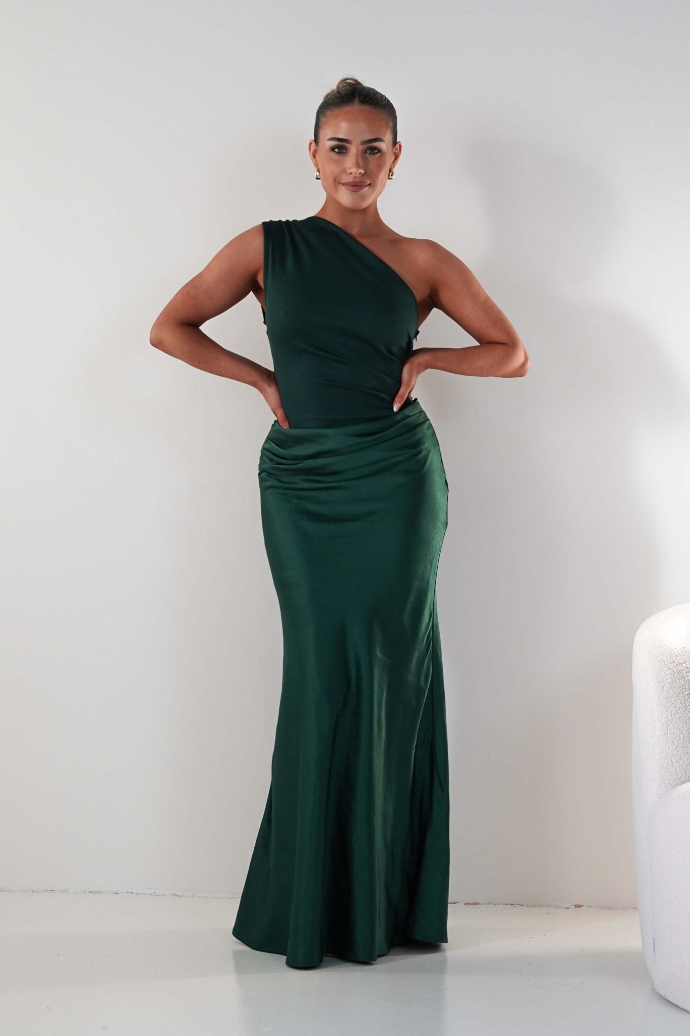 Oh Hello Clothing Wedding Guest Dresses Kashia Draped Satin Maxi Dress | Emerald Green