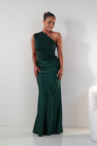 Oh Hello Clothing Wedding Guest Dresses Kashia Draped Satin Maxi Dress | Emerald Green