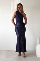 Kashia Draped Satin Maxi Dress Navy | Black Tie Evening Dress | Draped Skirt | Maxi | Oh Hello Clothing