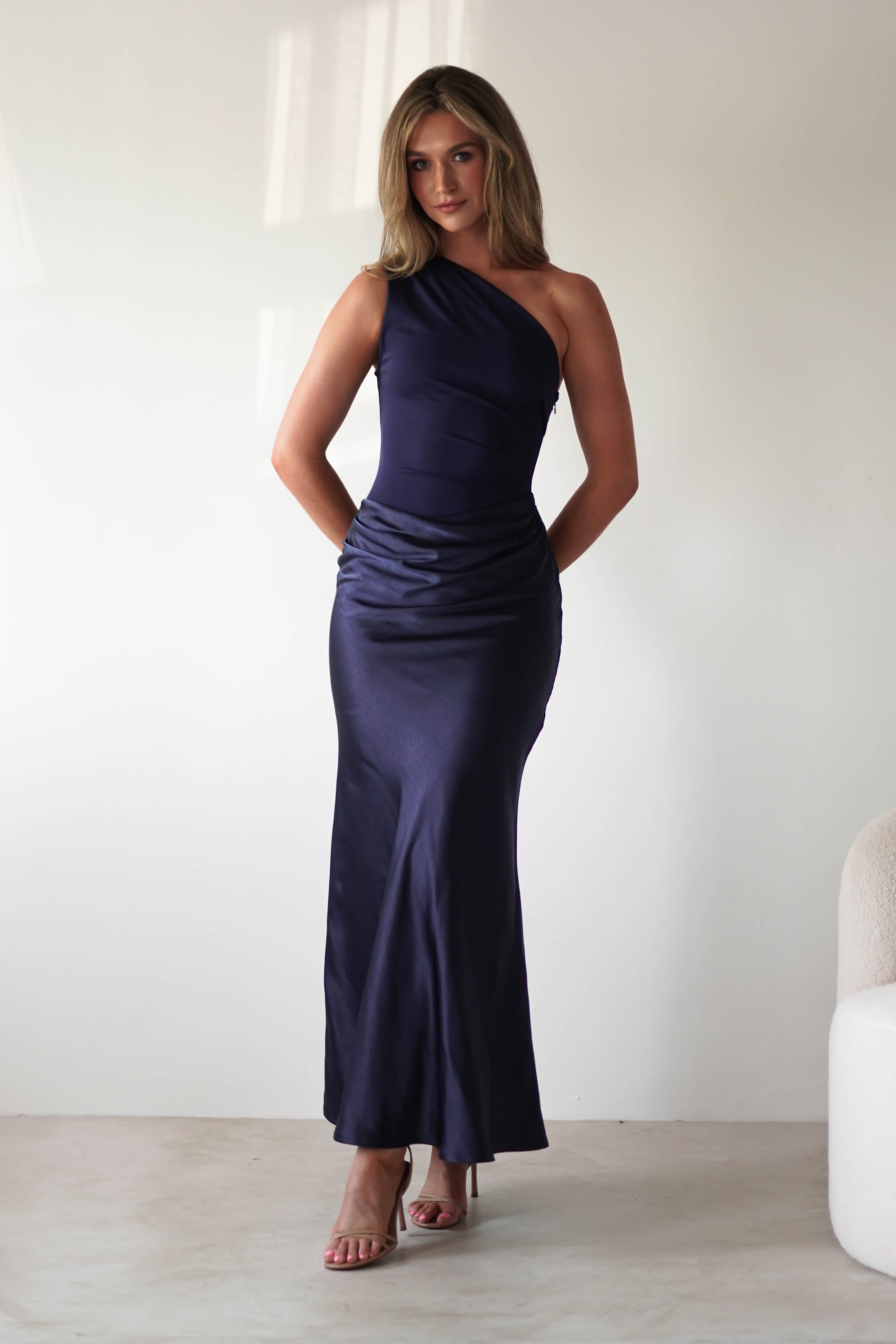 Kashia Draped Satin Maxi Dress Navy | Black Tie Evening Dress | Draped Skirt | Maxi | Oh Hello Clothing