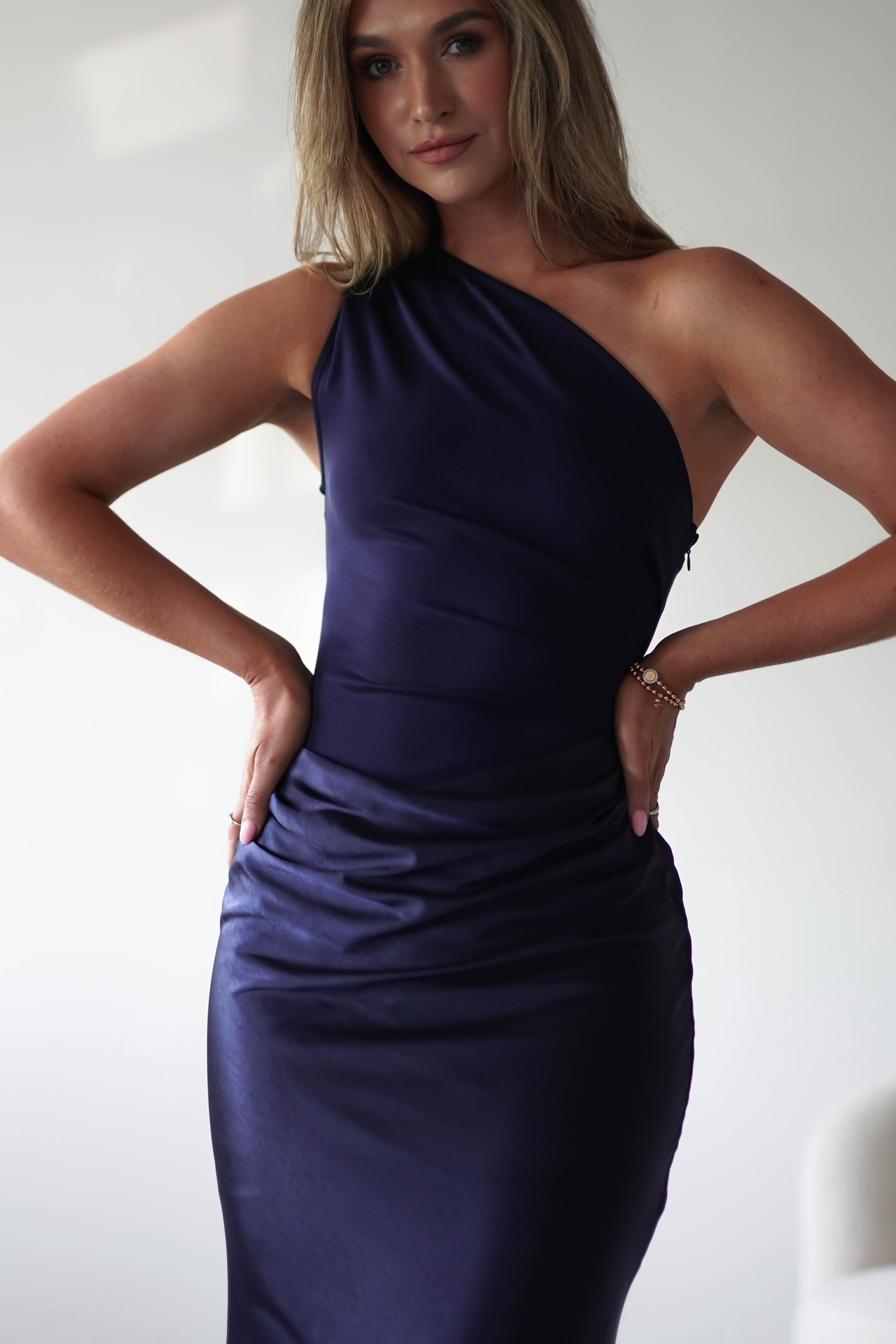 Kashia Draped Satin Maxi Dress Navy | Black Tie Evening Dress | Draped Skirt | Maxi | Oh Hello Clothing