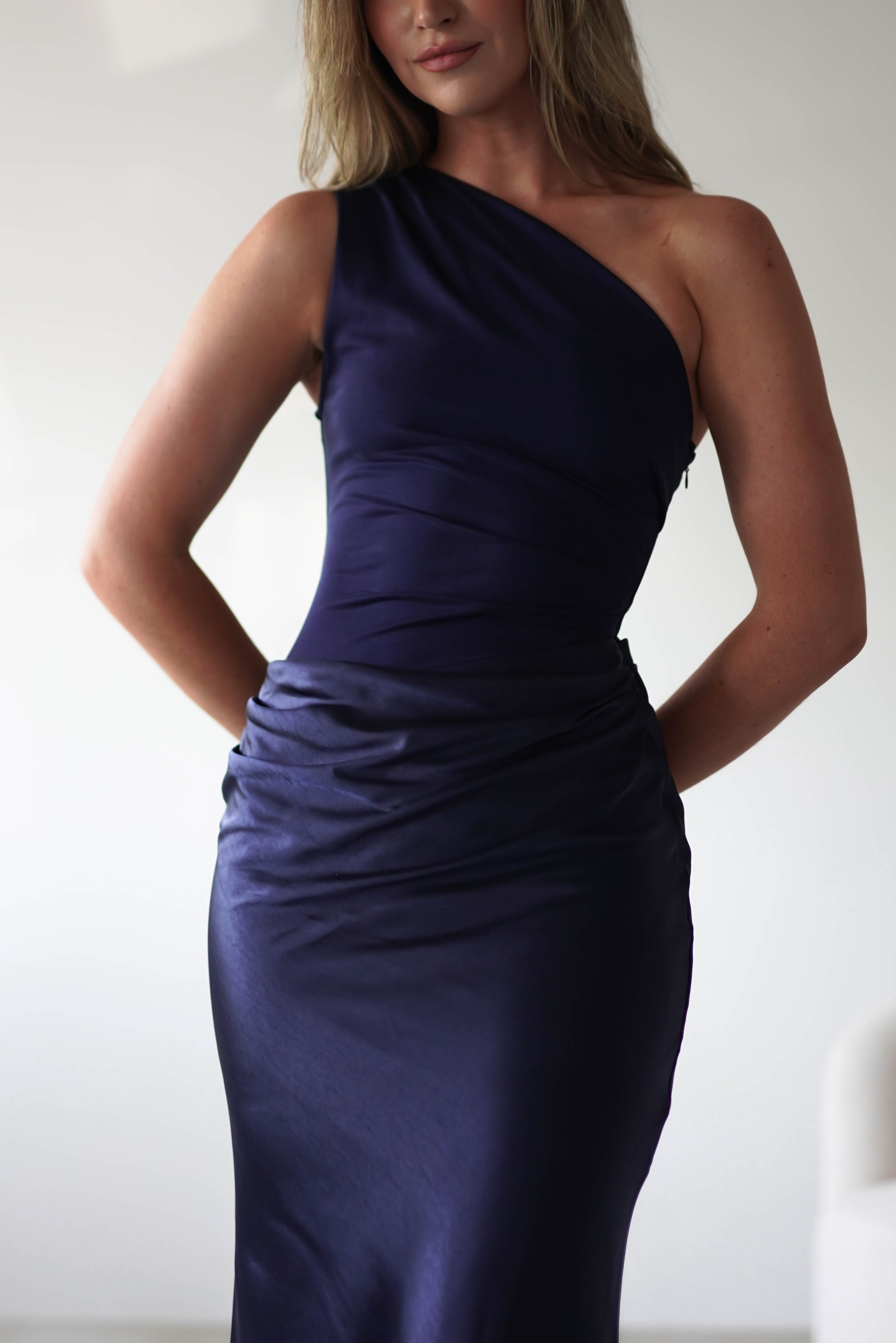 Kashia Draped Satin Maxi Dress Navy | Black Tie Evening Dress | Draped Skirt | Maxi | Oh Hello Clothing