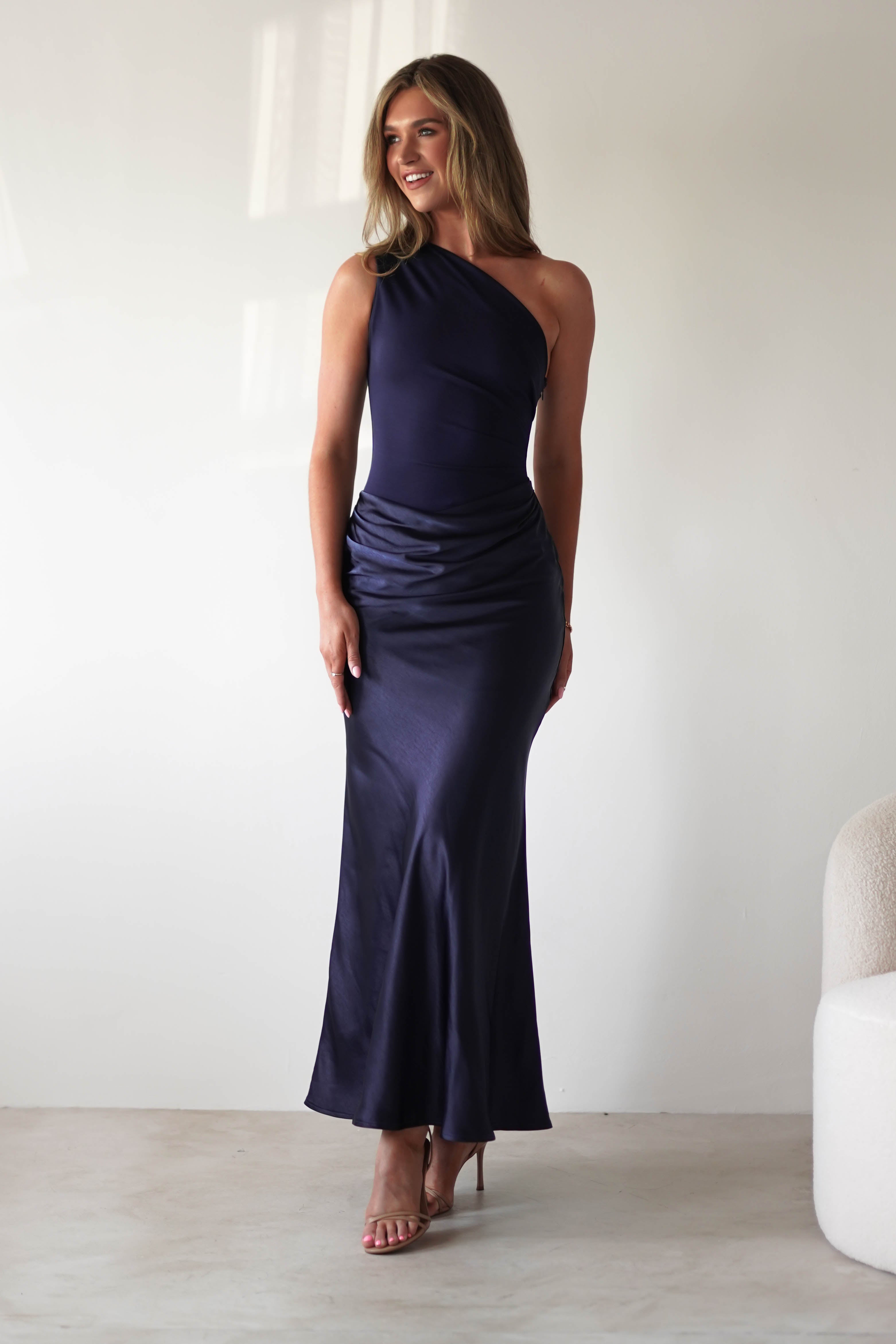 Kashia Draped Satin Maxi Dress Navy | Black Tie Evening Dress | Draped Skirt | Maxi | Oh Hello Clothing