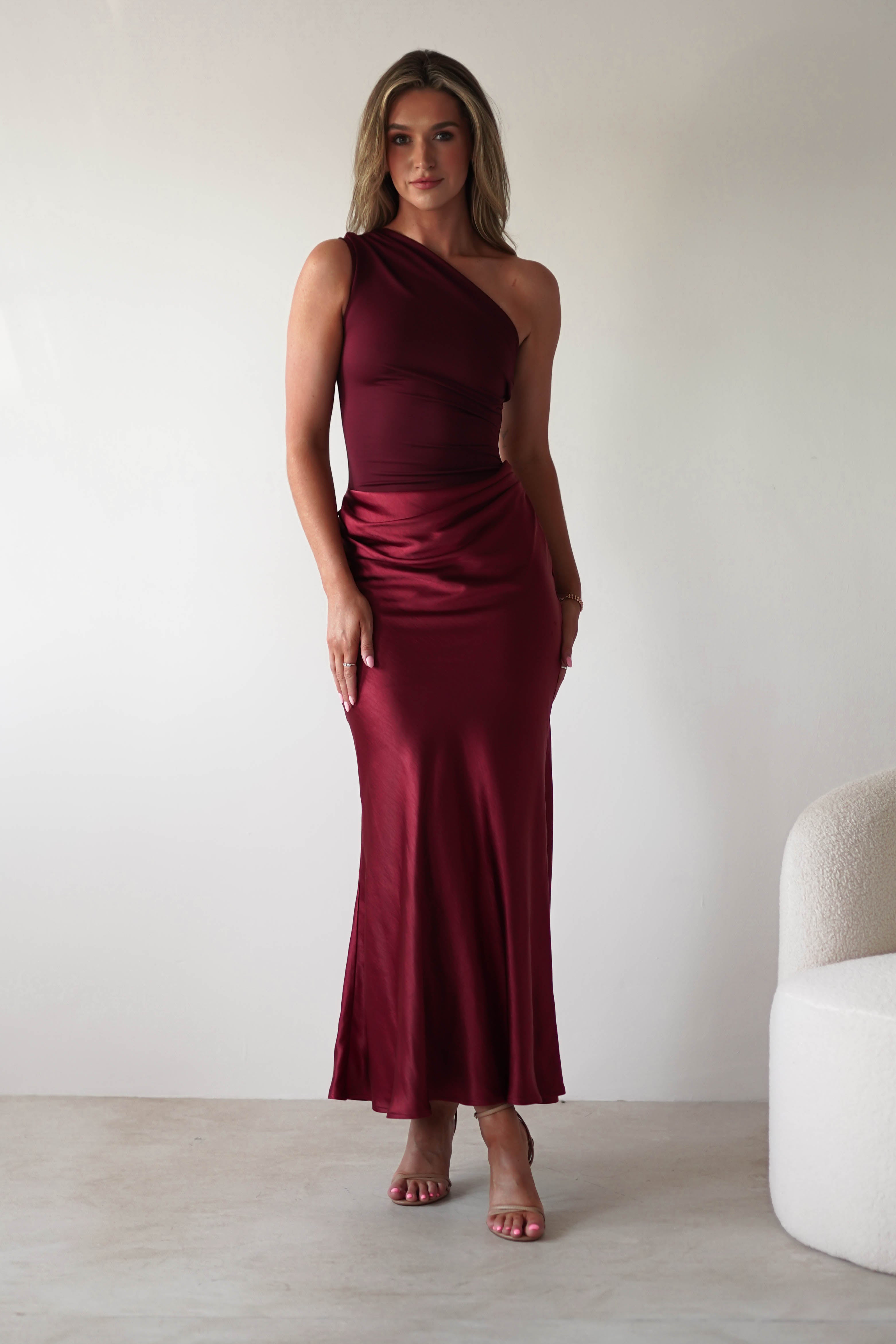 Kashia Draped Satin Maxi Dress Wine | Wedding Guest Dress | Draped Skirt | Maxi | Oh Hello Clothing