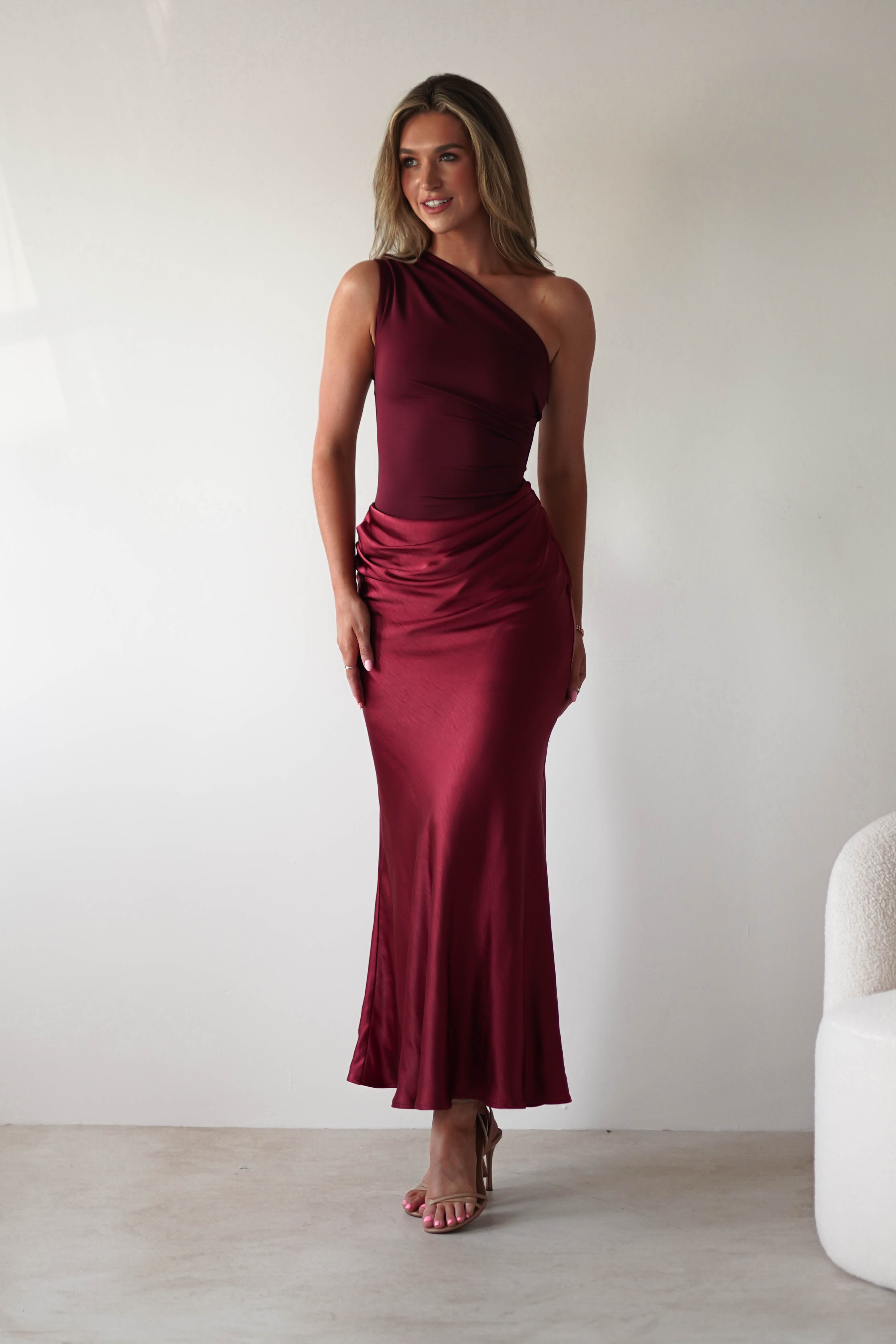 Kashia Draped Satin Maxi Dress Wine | Wedding Guest Dress | Draped Skirt | Maxi | Oh Hello Clothing