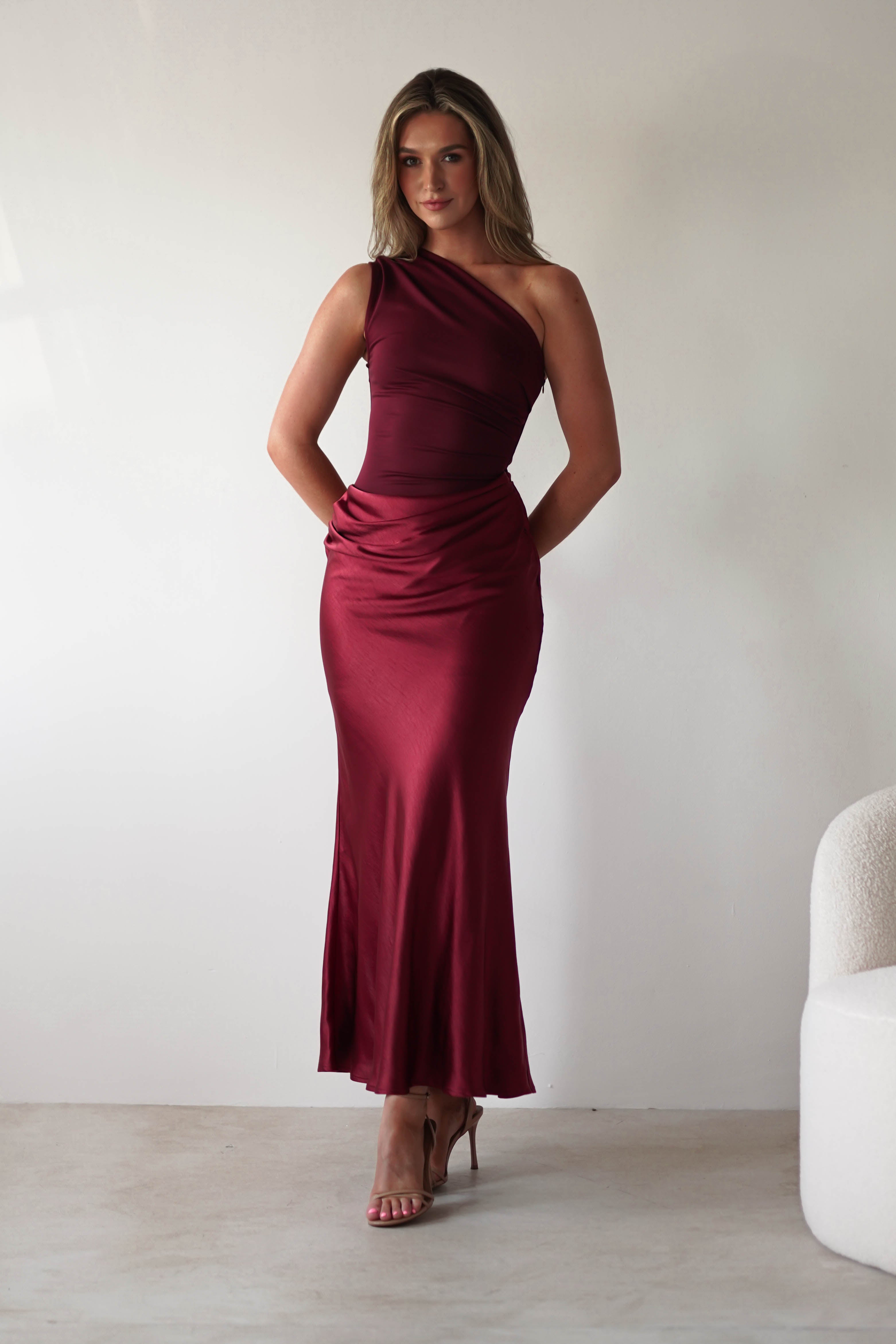 Kashia Draped Satin Maxi Dress Wine | Wedding Guest Dress | Draped Skirt | Maxi | Oh Hello Clothing