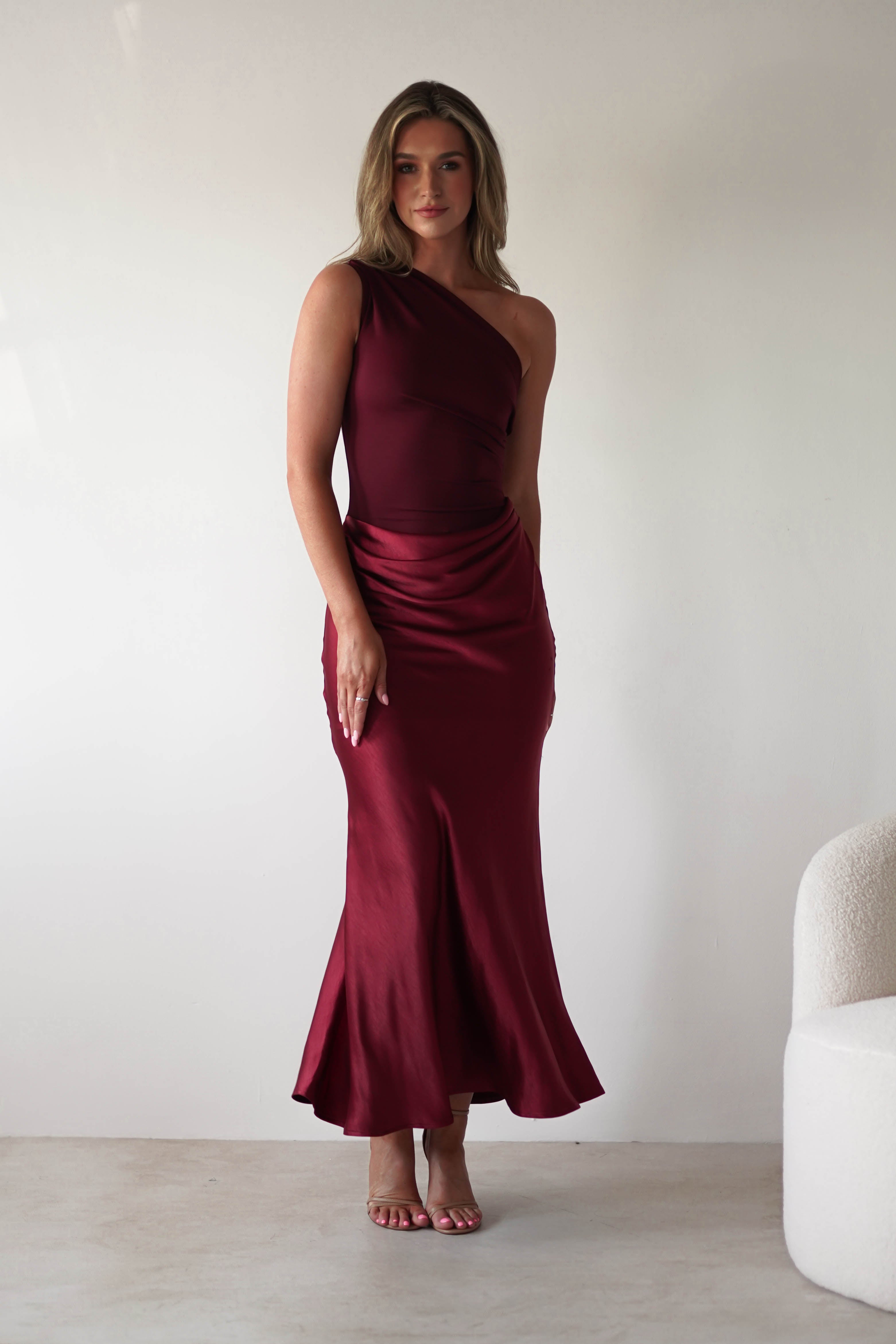 Kashia Draped Satin Maxi Dress Wine | Wedding Guest Dress | Draped Skirt | Maxi | Oh Hello Clothing
