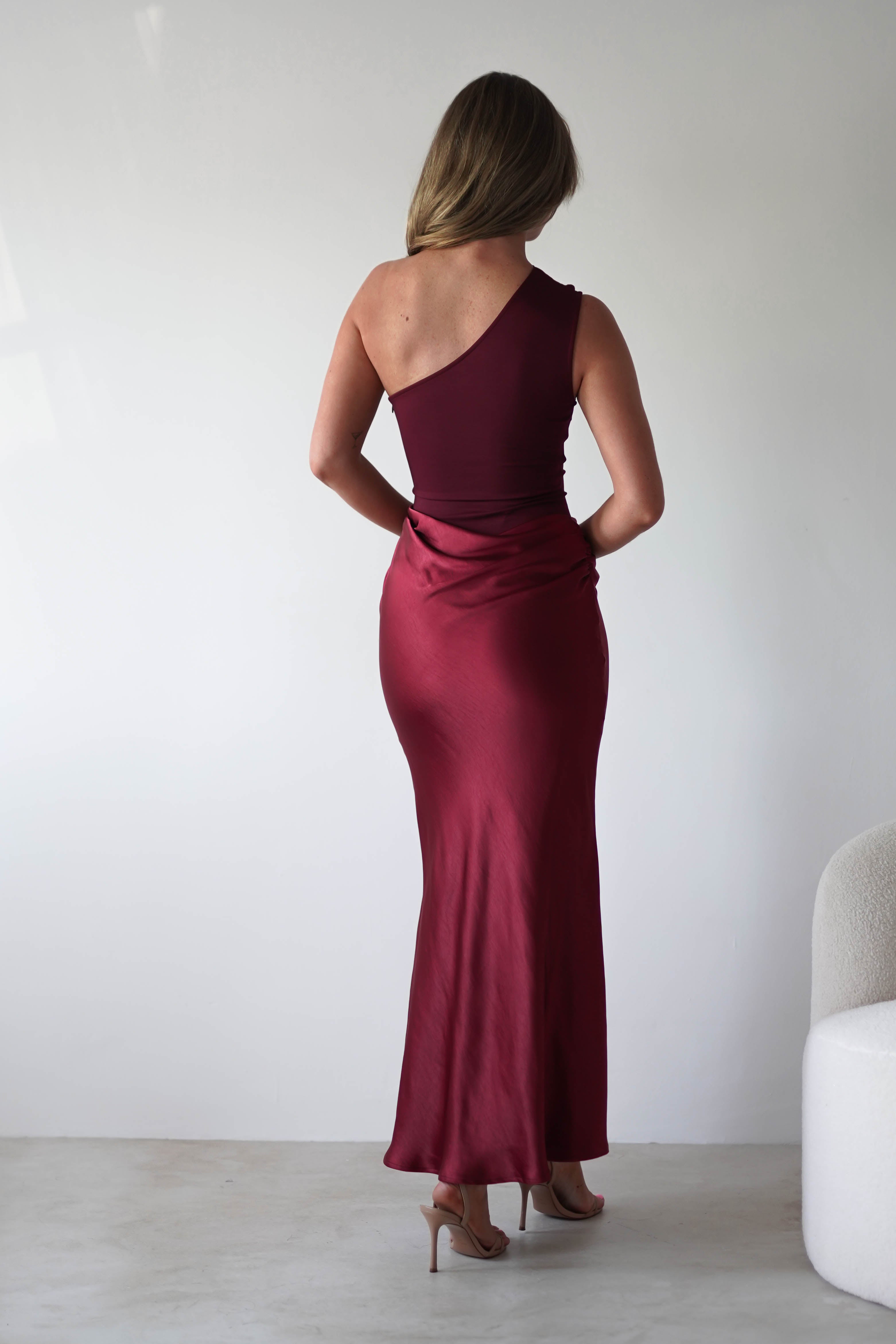 Kashia Draped Satin Maxi Dress Wine | Wedding Guest Dress | Draped Skirt | Maxi | Oh Hello Clothing