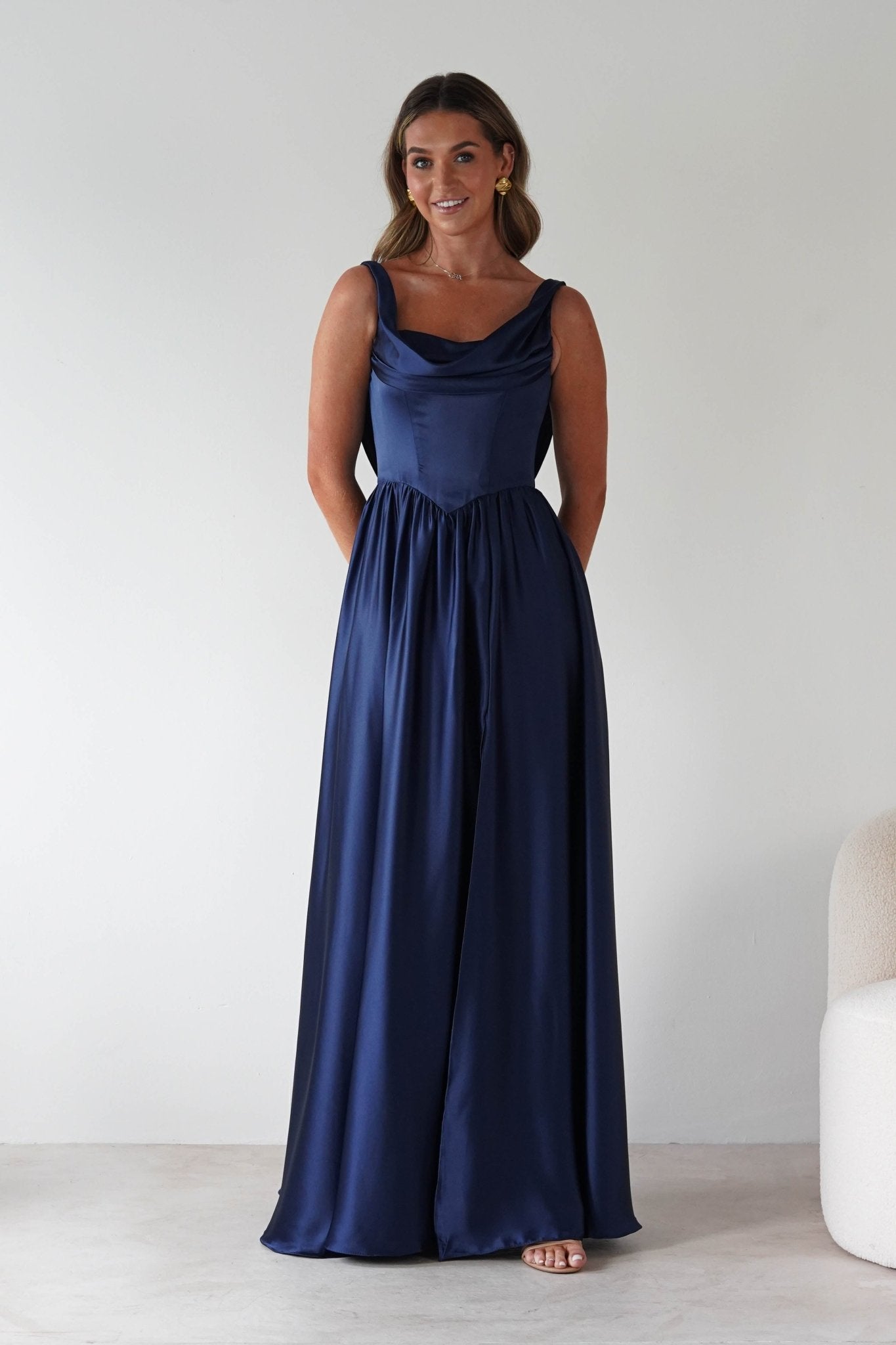 Katalia Cowl Nack Satin Gown | Royal Blue | Debs & Prom | Formal Gown | Oh Hello Clothing