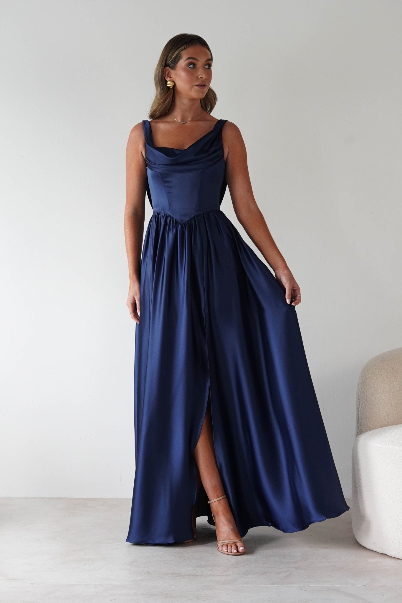 Katalia Cowl Nack Satin Gown | Royal Blue | Debs & Prom | Formal Gown | Oh Hello Clothing