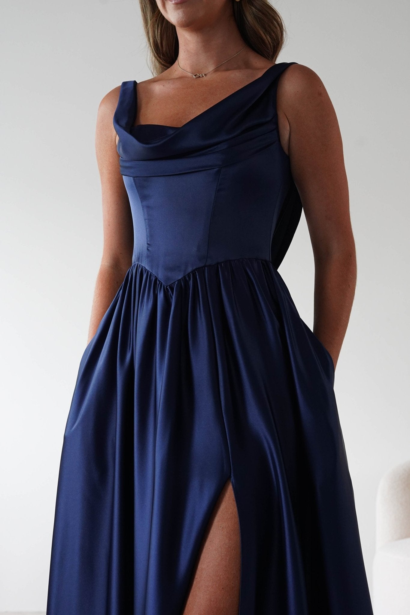 Katalia Cowl Nack Satin Gown | Royal Blue | Debs & Prom | Formal Gown | Oh Hello Clothing